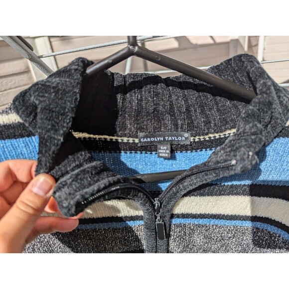 Carolyn Taylor Size Small Baby Blue White And Black Striped Knit Zip Up Sweater - Picture 9 of 12